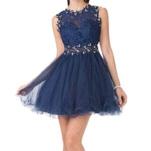 NWT Elizabeth K GS1427 Lace/Tulle Fabric Cocktail Dress Navy Size XL